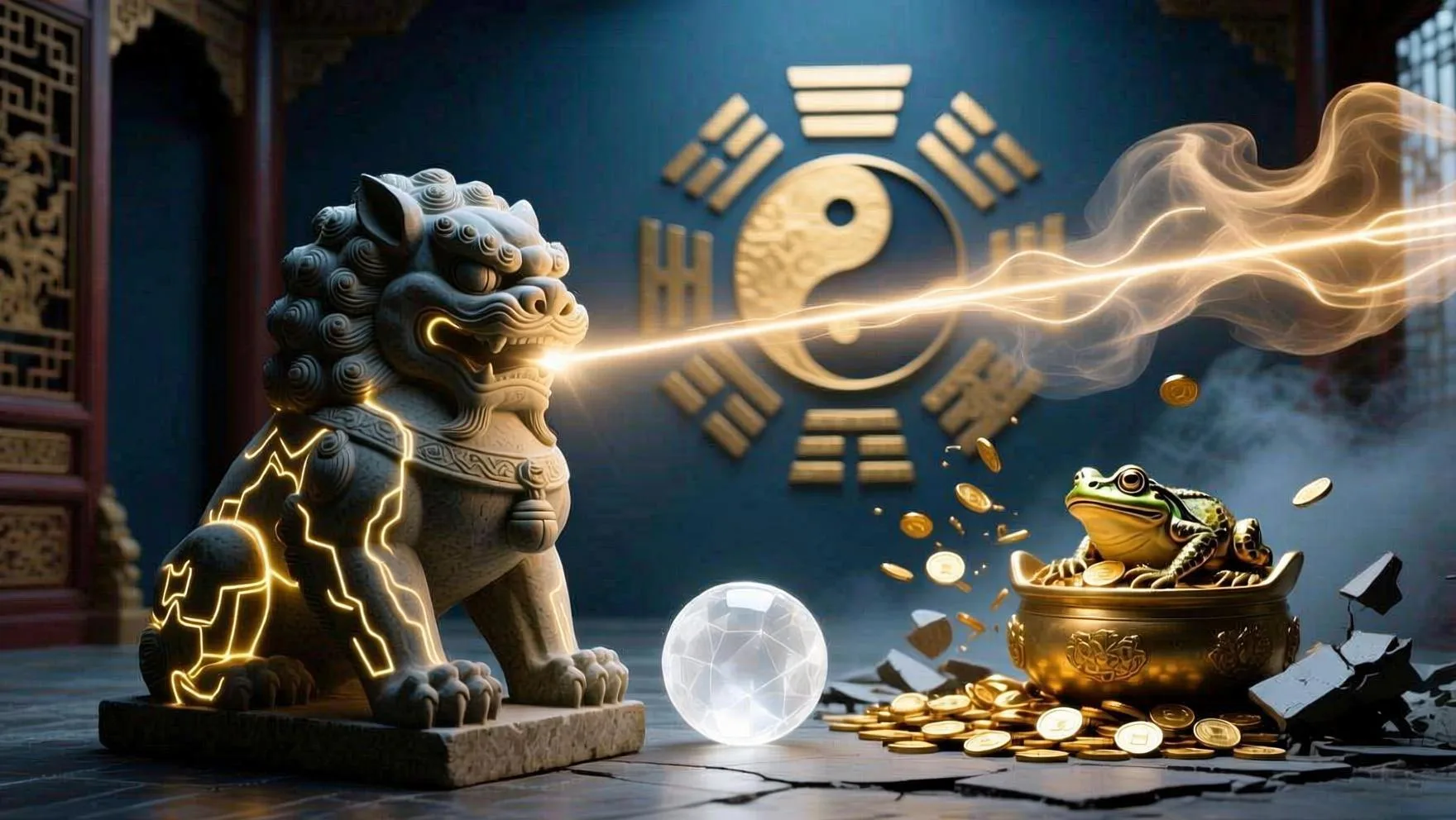 风水摆件觉醒仪式：吉祥物正利用水晶能量场激活暗淡的貔貅，使其建立财富磁场连接。