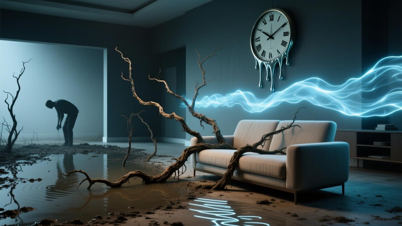 家宅能量流视觉图：透明的能量活水正冲刷掉室内阴影角落中的泥沼与停滞感。
