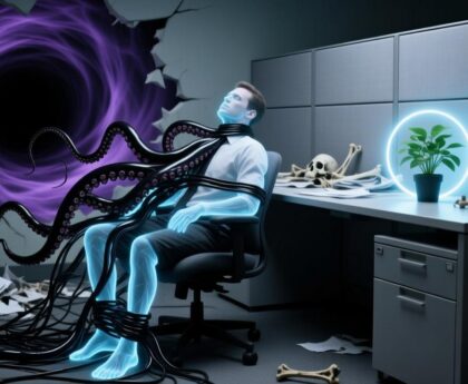 职场吸能磁场视觉图：杂乱电线与背后虚空形成的黑色暗物质正在吞噬员工的生命力