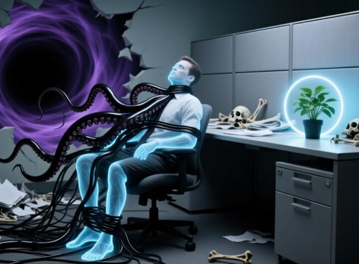 职场吸能磁场视觉图：杂乱电线与背后虚空形成的黑色暗物质正在吞噬员工的生命力