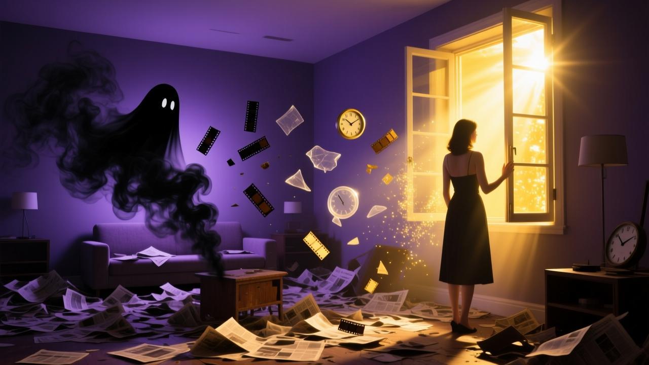空间能量清理视觉图：金色阳光正驱散室内陈旧杂物中散发的暗色负面磁场记忆。
