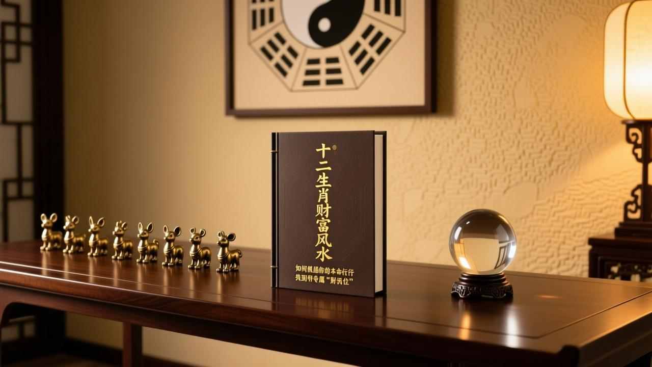 一张高雅的中国风水咨询场景照片，桌上摆放着一本名为《十二生肖财富风水》的金色压纹书籍、一排八尊精致的黄铜生肖雕像和一个透明的水晶球。背景是墙上悬挂的传统八卦图和日式和风灯笼，通过这些艺术排版展现了中国传统命理文化中关于调理家宅场域、积攒家族福报的深层文化逻辑。