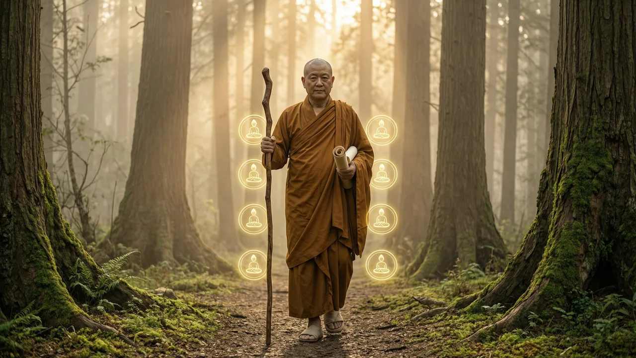 一位古僧在雾气缭绕的森林中行走，手持木杖和卷轴，周围环绕着发光的功德符号，阳光透过树木洒下柔和的金色光芒。
