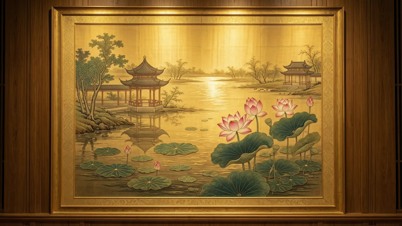 A traditional painting depicting a serene scene of a lotus blooming in a tranquil pond, surrounded by golden light and intricate patterns.