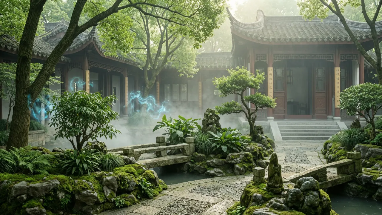 一幅展现功德与文化和谐共存的中国传统花园场景