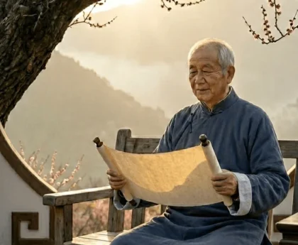 一位身穿传统中式服装的老人，坐在古树下的木椅上，手持金色书法卷轴，周围环绕着盛开的梅花和雾气缭绕的山景，阳光透过树叶洒下柔和光线。