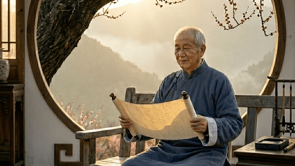 一位身穿传统中式服装的老人，坐在古树下的木椅上，手持金色书法卷轴，周围环绕着盛开的梅花和雾气缭绕的山景，阳光透过树叶洒下柔和光线。