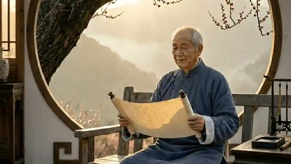 一位身穿蓝色传统服饰的长者在带有圆形拱门的禅意庭院内静心研读展开的古老卷轴，背景是日出时的远山和盛开的梅花，展现了中国传统文化的匠心传承与功德修行。