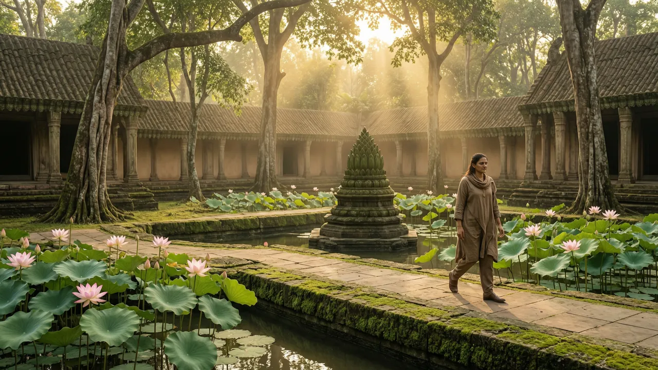 一个人走在古老的寺庙花园中，周围是盛开的莲花和宁静的水景，金色的阳光透过树木洒下。