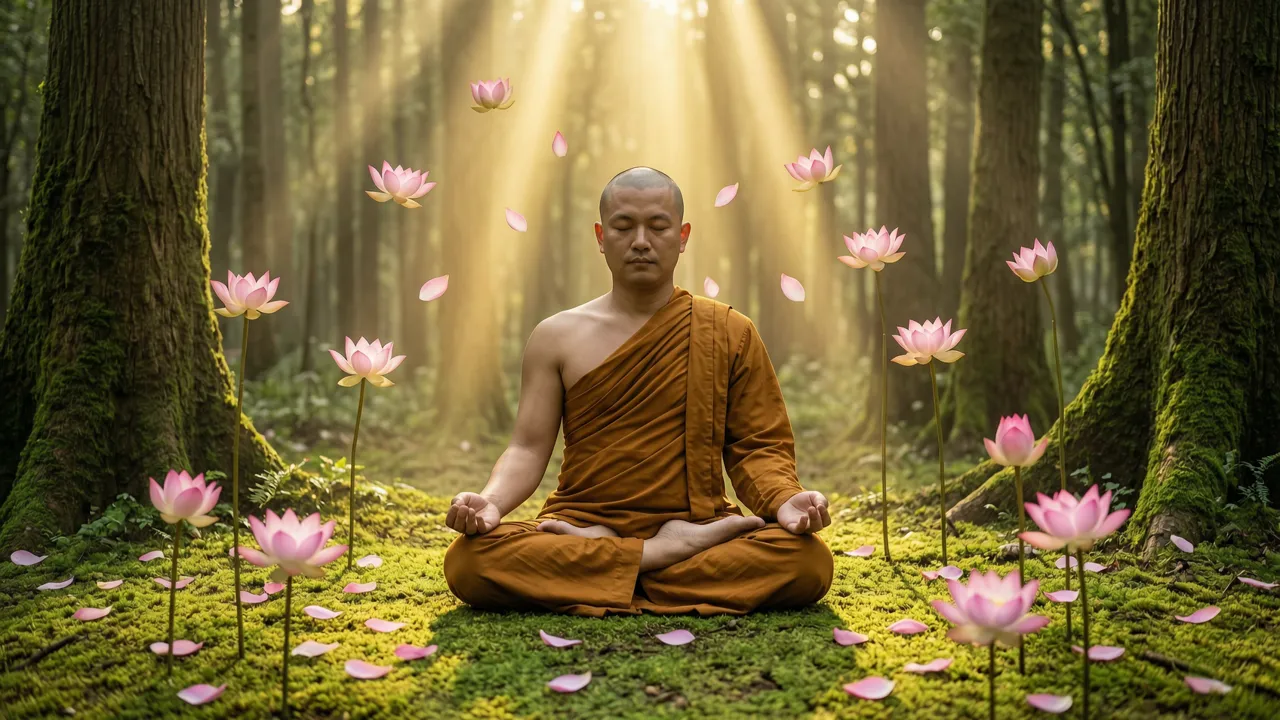 一位宁静的僧人在森林中冥想，周围有金色光芒和飘浮的莲花花瓣
